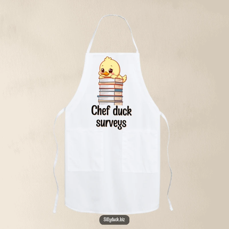 Funny Apron shows a kawaii duck peeking over a tall pile of kitchen items with a determined look, ready to cook.