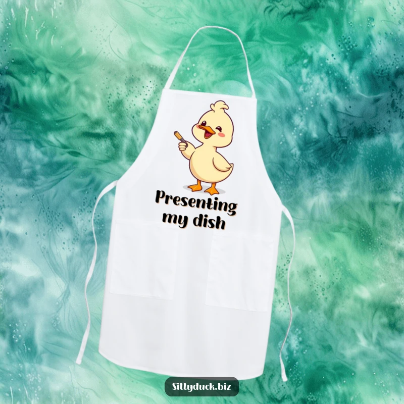 Funny Apron shows a kawaii duck giving a comical presentation with a pointer stick and a smile, ready to help you cook.