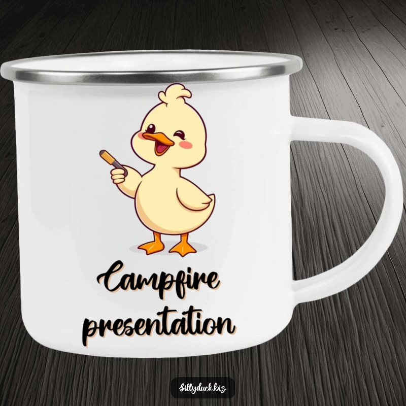 Funny Camping Mug features a kawaii duck giving a comical presentation with a pointer and a smile, ready for your next adventure.