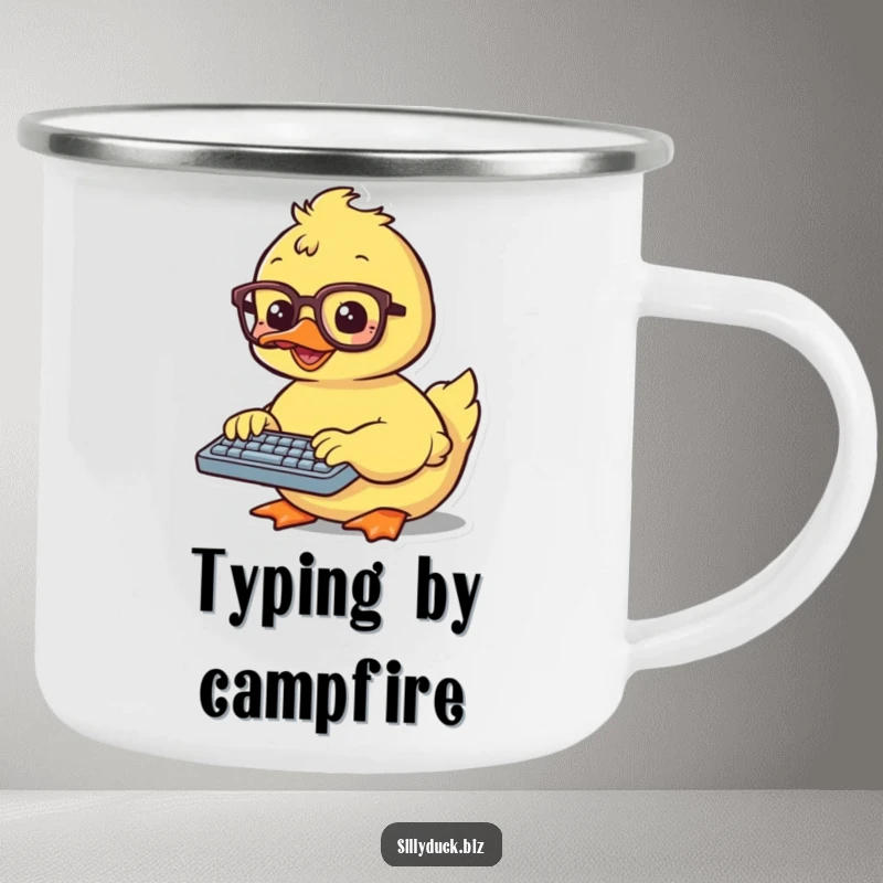 Funny Camping Mug features a kawaii duck wearing spectacles, typing on a tiny keyboard, ready for your next adventure.