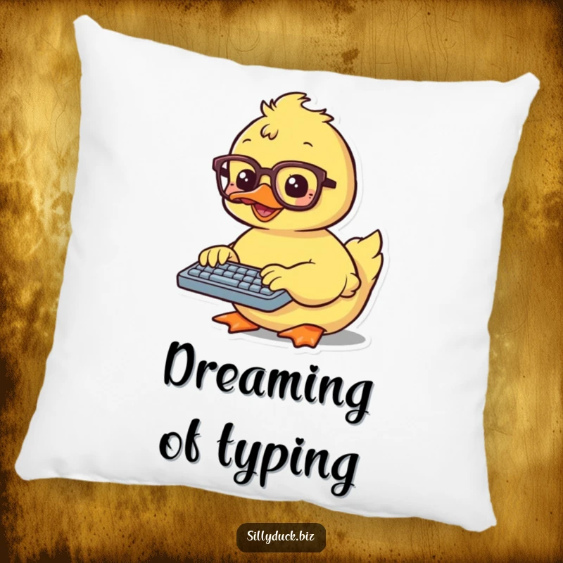 Funny Pillow featuring a kawaii duck with glasses, happily typing on a tiny keyboard, providing comfort and a smile.