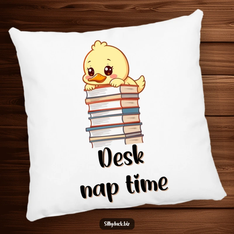 Funny Pillow features a kawaii duck peeking over a tall desk pile with a determined expression, perfect for adding comfort and humor.
