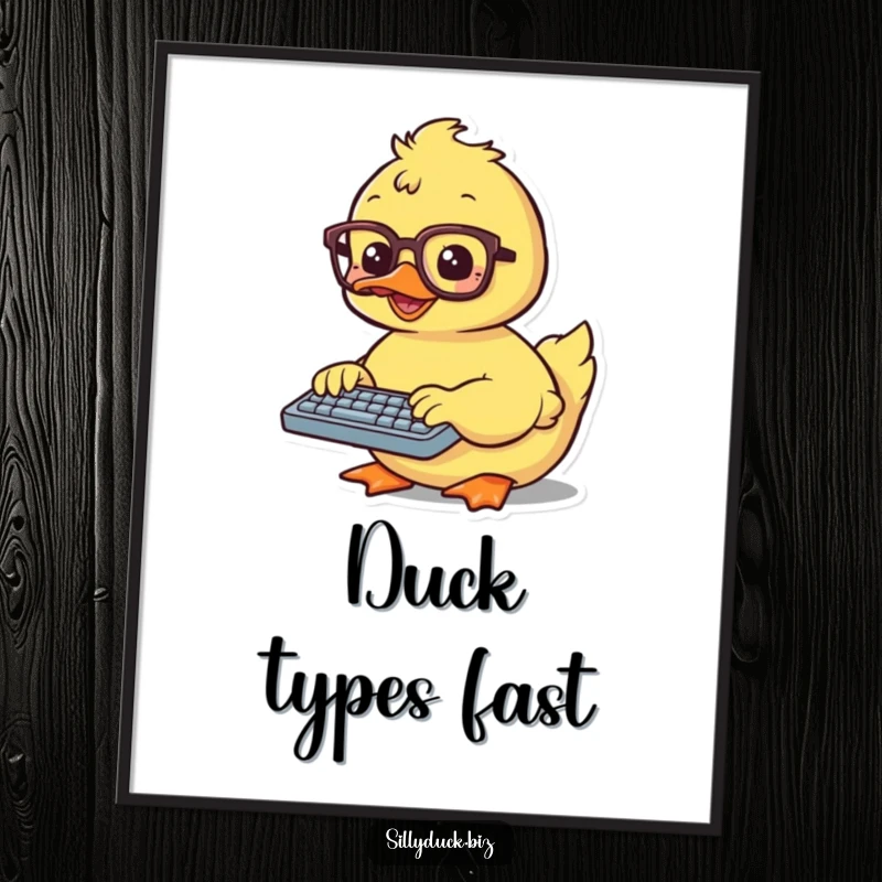 Funny Digital Art Print features a kawaii duck with spectacles, diligently typing on a tiny keyboard, ready for instant download.