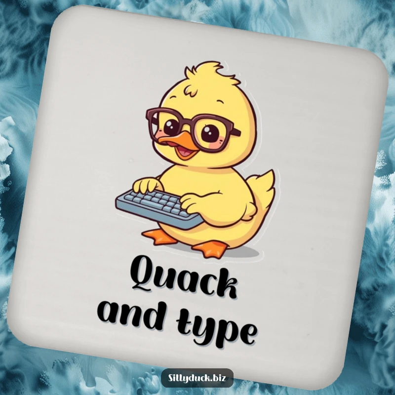 Funny Drink Coaster showcasing a kawaii duck in glasses, typing on a small keyboard, adding charm to any surface.