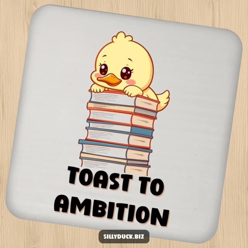 Funny Drink Coaster showcases a kawaii duck peeking over a tall desk pile with a determined expression, adding humor to any surface.