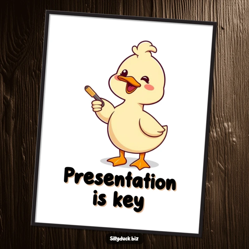 Funny Poster showcases a kawaii duck giving a comical presentation with a pointer and a big, friendly smile, ready to inform.