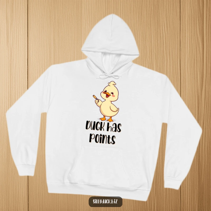 Funny Hoodie depicts a kawaii duck giving a comical presentation with a pointer stick and a cheerful smile, perfect for staying cozy.