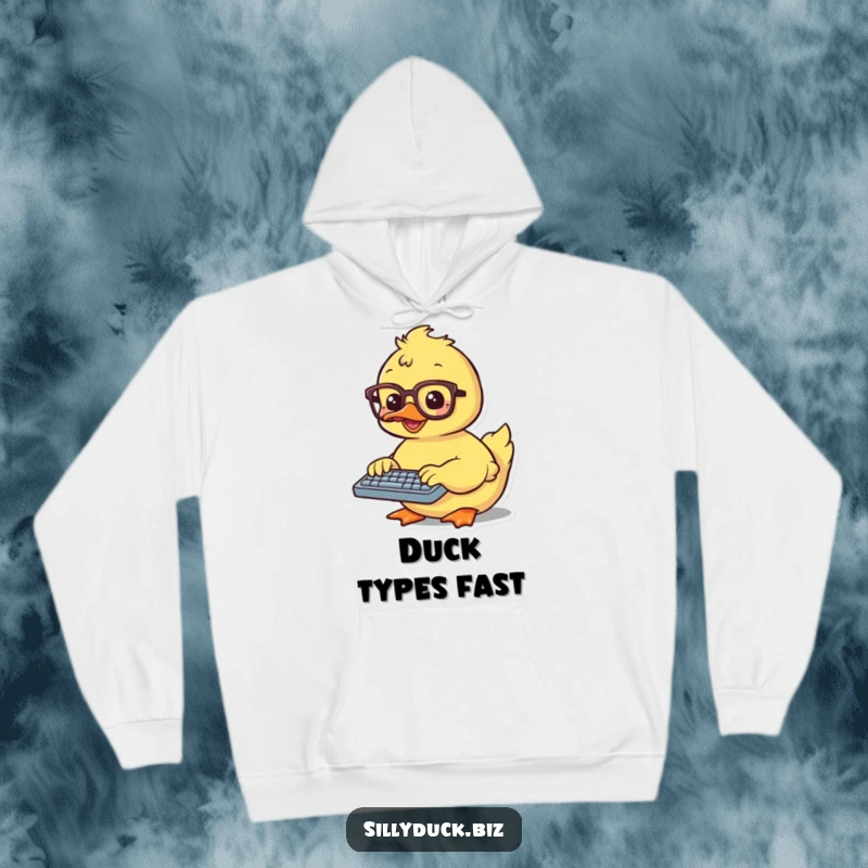Funny Hoodie depicts a kawaii duck in spectacles, focused on typing enthusiastically on a tiny keyboard, perfect for a cozy day.