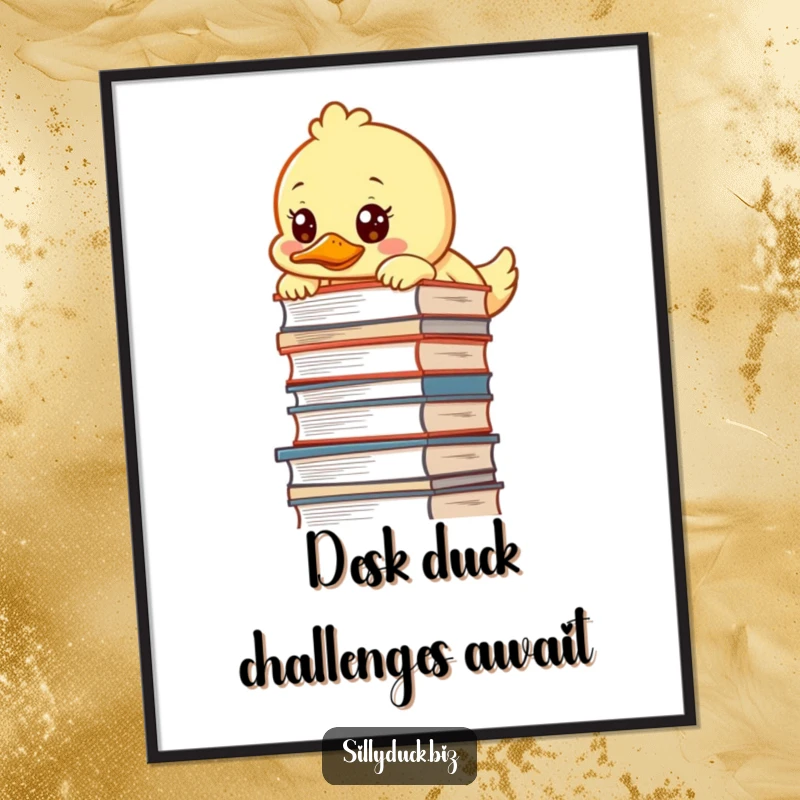 Funny Free Printable Wall Art: Kawaii duck peeking over a massive desk pile with a determined look, symbolizing motivation.