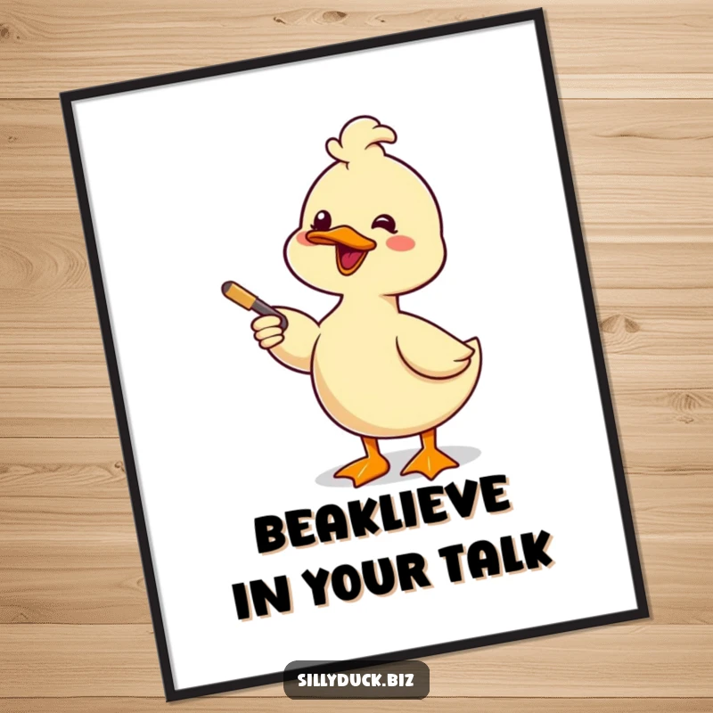 Funny Free Printable Wall Art: A kawaii duck giving a comical presentation with a pointer, radiating confidence and humor.