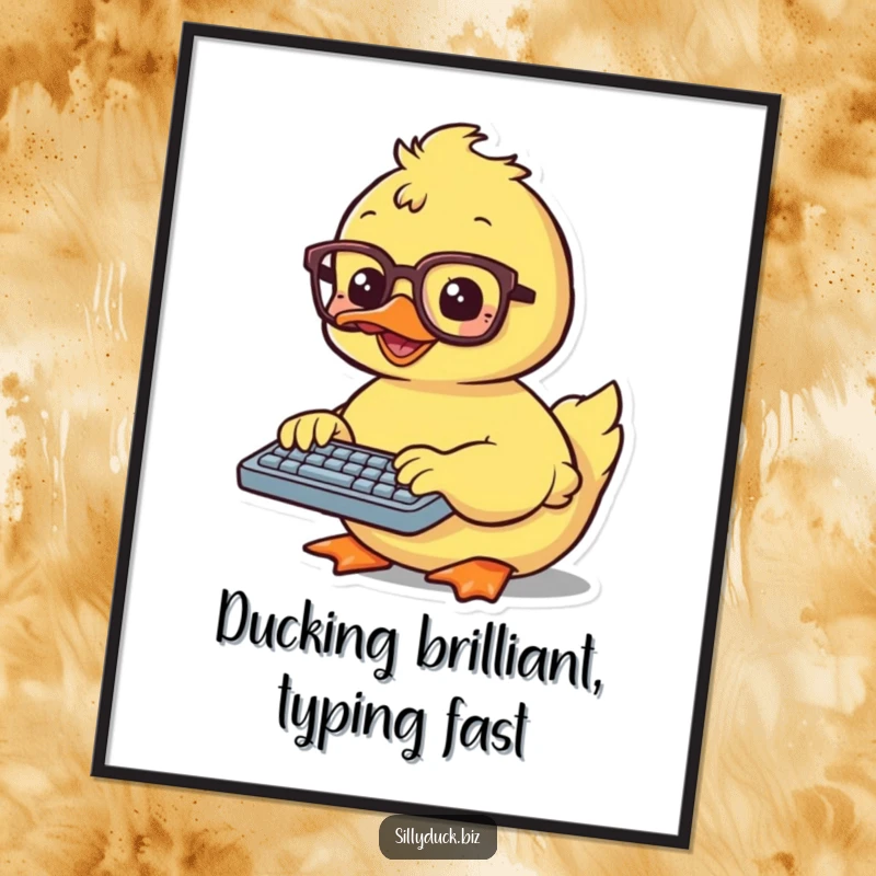 Funny Free Printable Wall Art: Kawaii duck wearing spectacles, typing energetically on a tiny keyboard, ideal for desk decor.