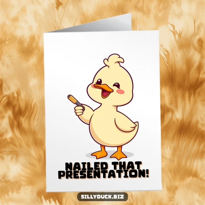 Free Printable Congratulations Card: A kawaii duck enthusiastically giving a comical presentation with a pointer, celebrating a win.