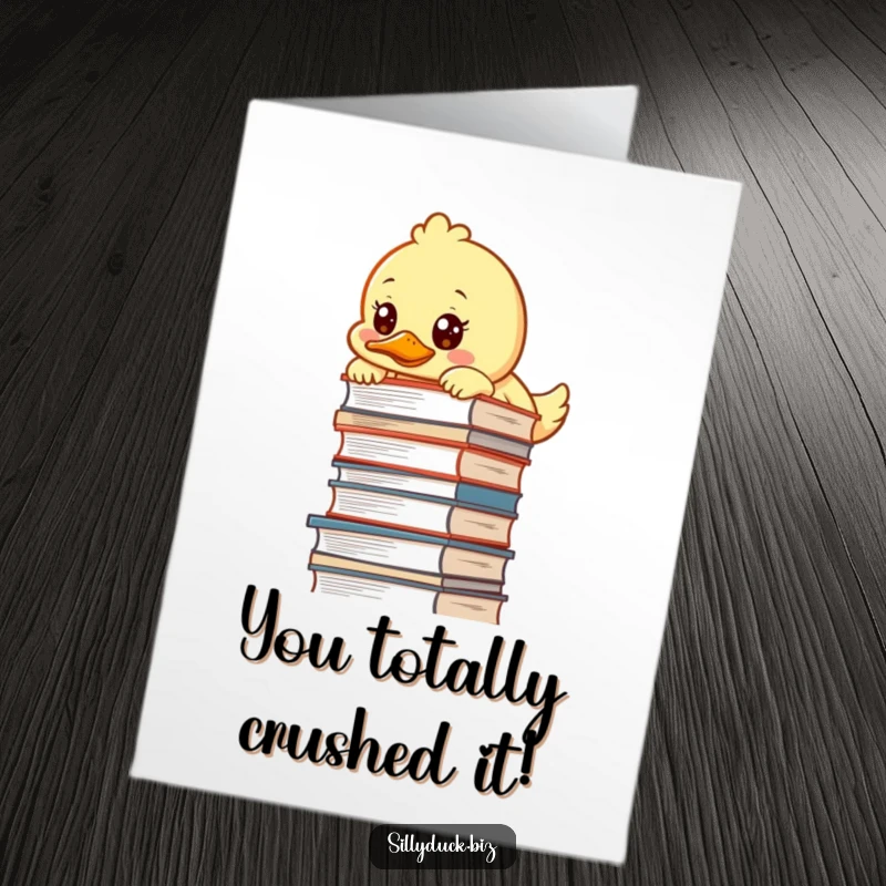 Free Printable Congratulations Card: A determined kawaii duck peeking over a huge desk pile, signifying success against odds.