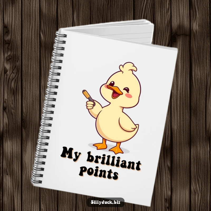 Funny Notebook features a kawaii duck giving a comical presentation with a pointer and a smile, perfect for capturing your thoughts.