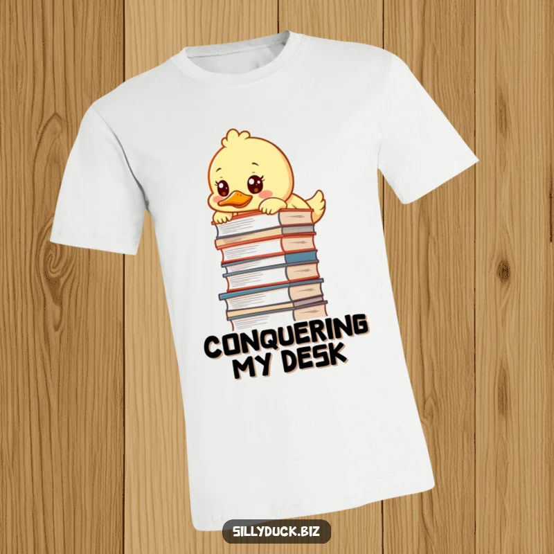 Funny T-Shirt shows a kawaii duck peeking over a massive stack of papers on a desk, looking determined to get things done.