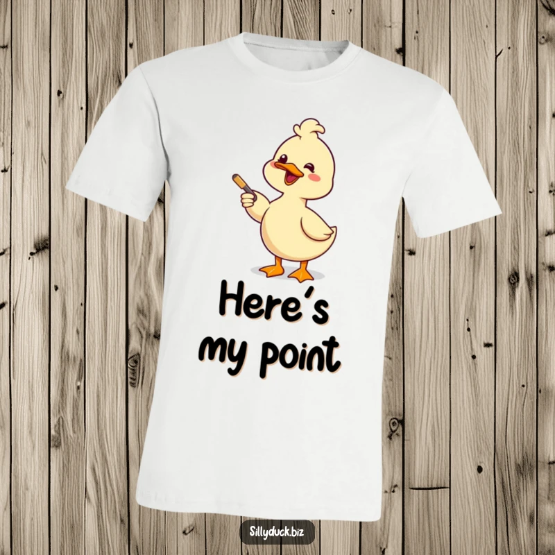 Funny T-Shirt shows a kawaii duck giving a presentation with a pointer and a big, comical smile, ready to engage.
