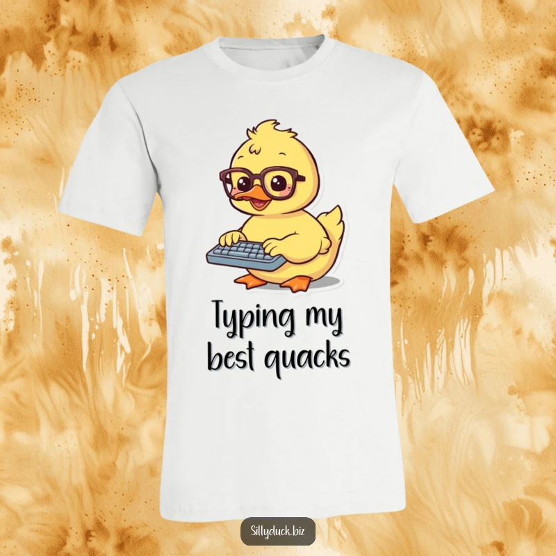 Funny T-Shirt showcases a kawaii duck with spectacles, enthusiastically typing away on a miniature keyboard, looking smart and busy.