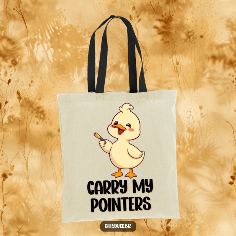 Funny Tote Bag features a kawaii duck giving a presentation with a pointer and a comical smile, ready to carry your items.